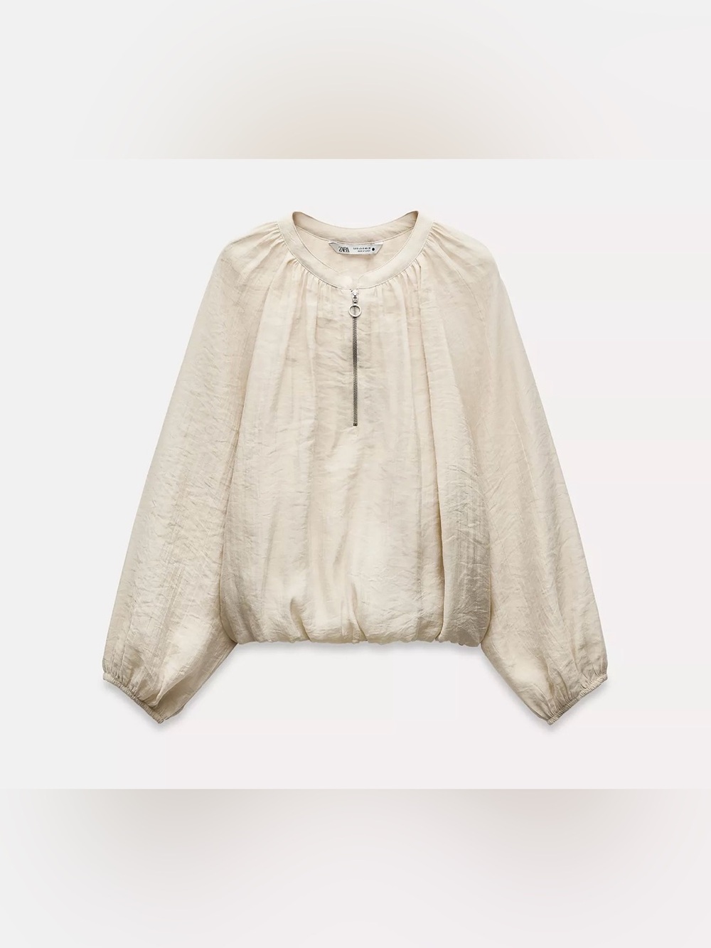 Zara Cream Zip-Detail Balloon-Sleeve Top